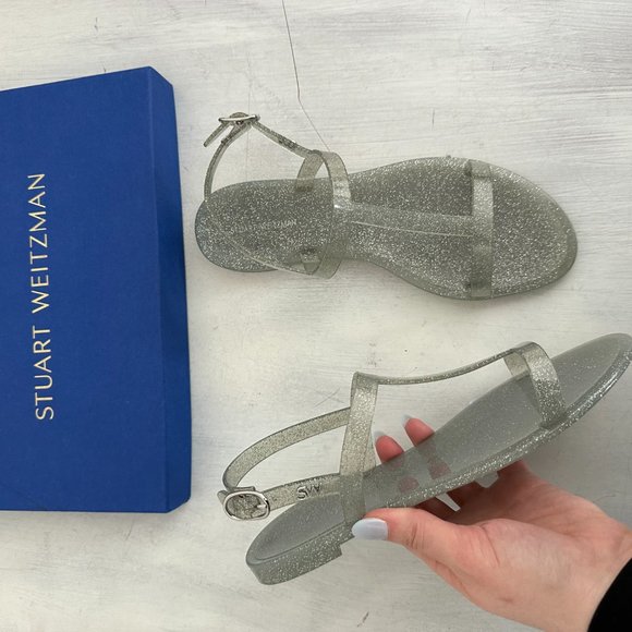 Stuart Weitzman Mellie Jelly Flat Sandals Silver Glitter Open Toe 38.5 - Picture 7 of 11